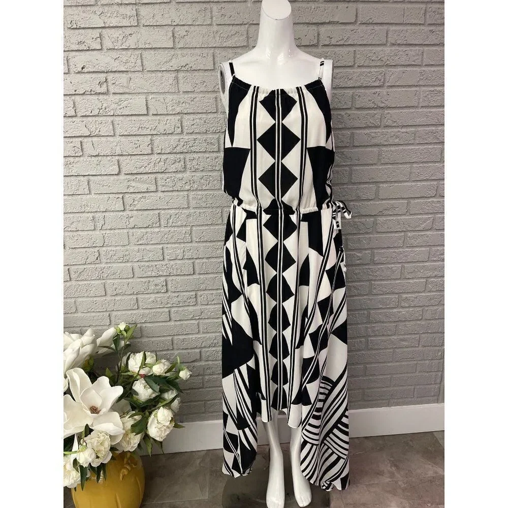 Express Women Black & White Geometric Print Handkerchief Hem Dress Size S NWT